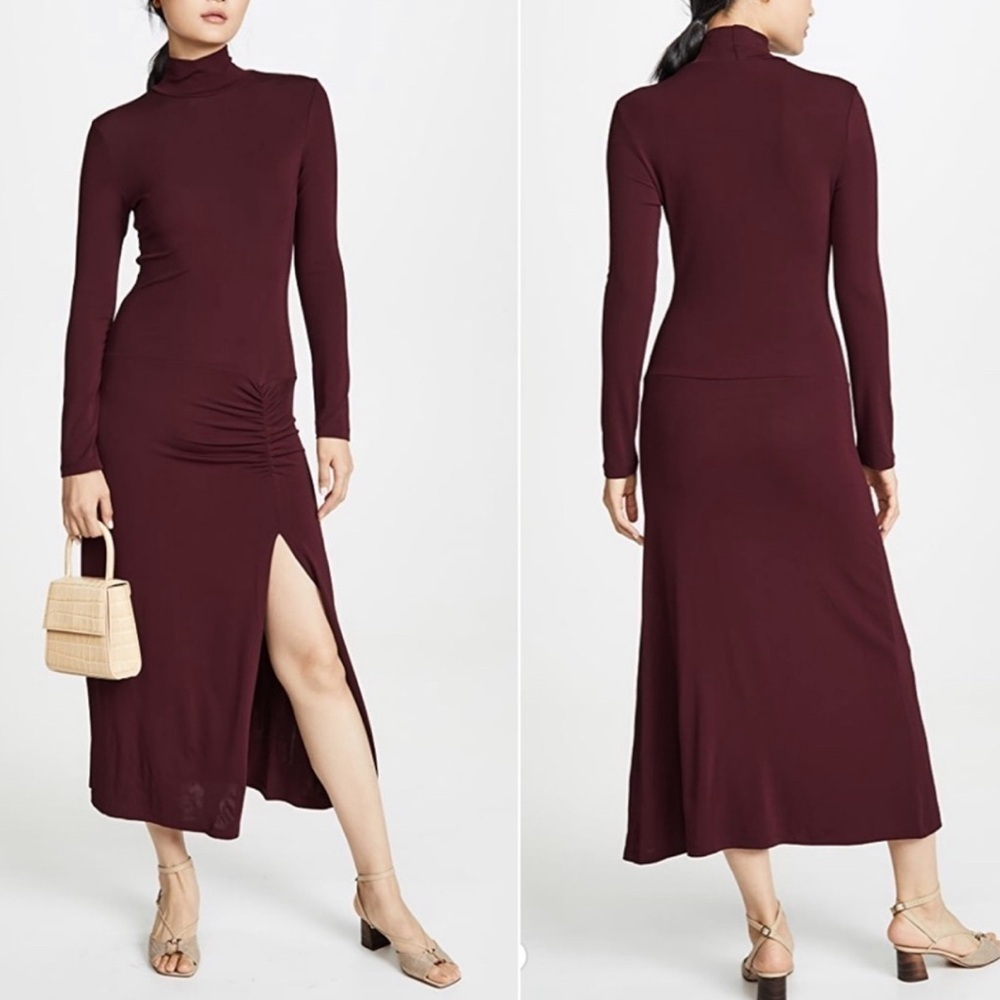 STAUD Portobella Side Ruch Midi Sheath Dress In Merlot Large